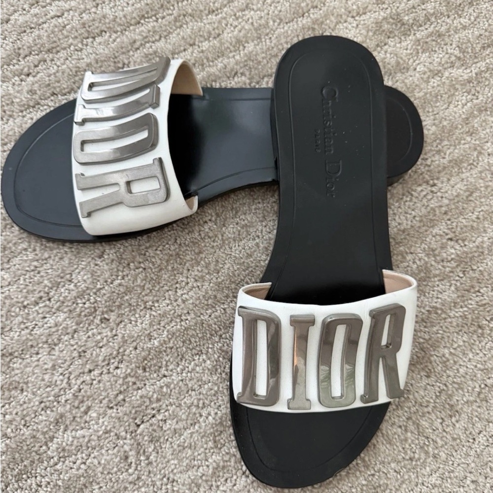 Dior White Leather Slide Sandals with Silver DIOR Hardware